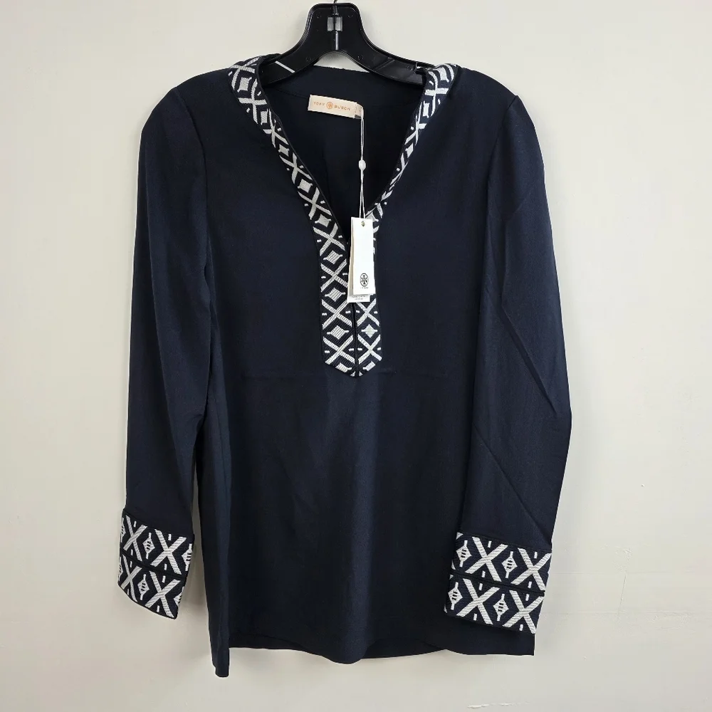 Tory Burch Embroidered Navy Tunic Top with Geometric Trim